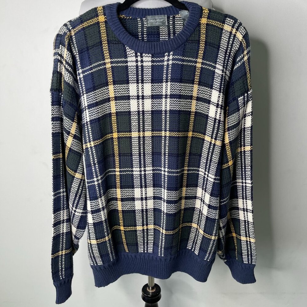 Vintage Lord & Taylor Men's Green Blue 100% Cotton Checkered Sweater Large